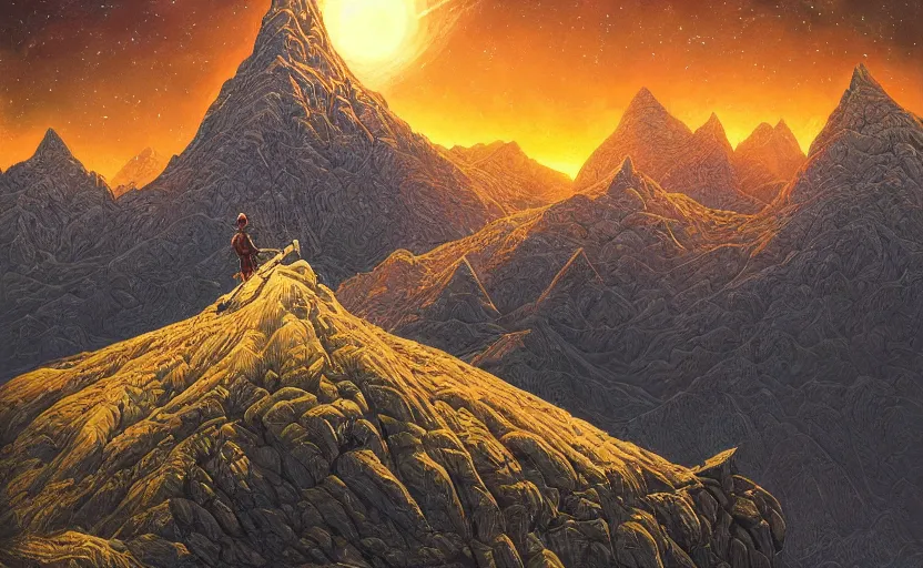 Prompt: mountains, stars and paisley filled sky, artstation, intricate, highly detailed, digital painting, concept art, sharp focus, illustration by Michael Whelan and Charles Williams