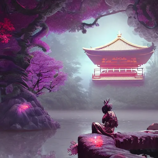 Image similar to 3 d scene of a japanese temple portal modelling goddess close - sakura trees everywhere, woodsman wearing a steampunk and neonpunk mechanical fluorescent mystical animal mask in strange misty mountain landscape. betta fish, jellyfish phoenix, bio luminescent, plasma, ice, water, wind, creature, artwork by tooth wu and wlop and beeple and greg rutkowski