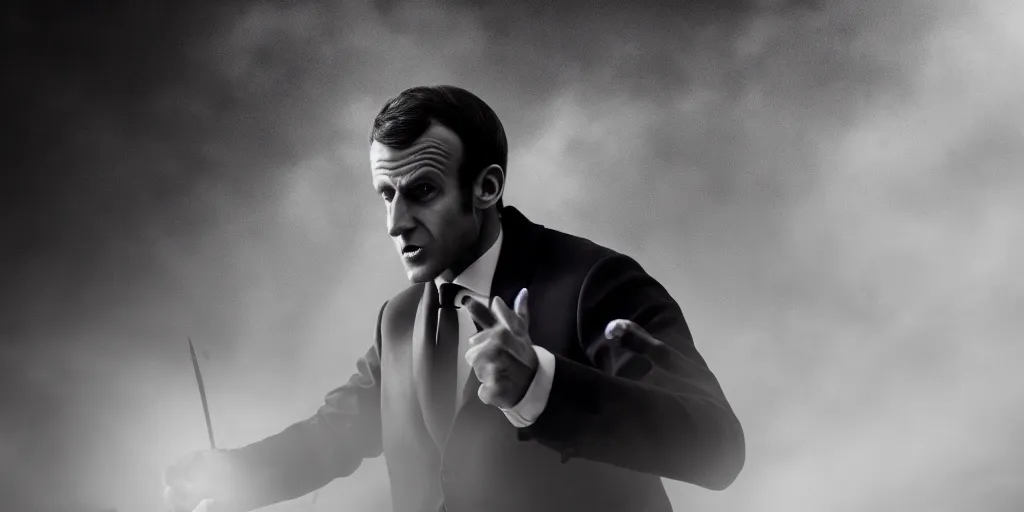 Image similar to emmanuel macron fighting demons all alone, natural lighting, realistic, cinematic, close shot, stolen footage, octane render