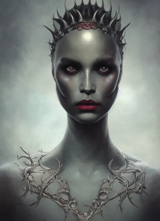 Prompt: a detailed full body portrait the queen of blades, rule of thirds, a beautiful face, diablo 4 lilith, by tom bagshaw, by dorian cleavenger, zdzisław beksinski, bastien lecouffe - deharme trending on artstation