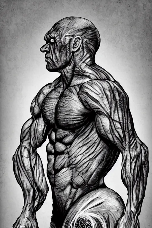 Prompt: black and white illustration, creative design, body horror, muscle monster