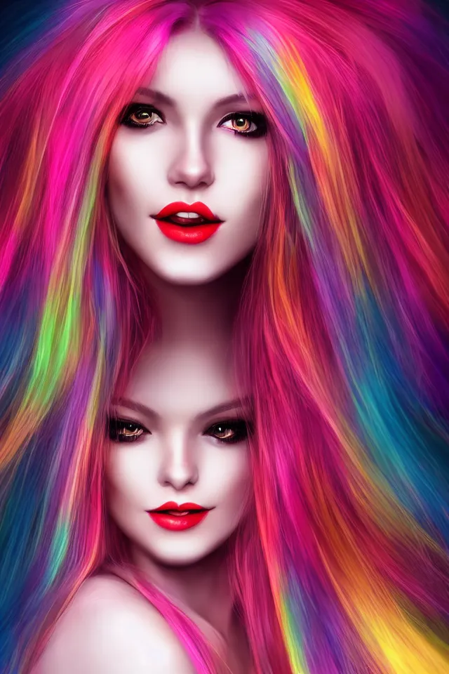 Image similar to ultra realistic portrait of a hot witch , colorful hair, pink lips, gorgeous smile, stunning, hottest, 8K resolution, deviantart,