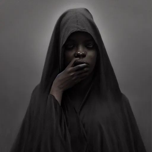 Image similar to a portrait of a young black woman wearing a long dark cloak, hood and shadows covering face, anatomically correct, beautiful perfect face, enigmatic, oil painting, matte painting, black background, Volumetric dynamic lighting, Highly Detailed, Cinematic Lighting, Unreal Engine, 8k, HD, by Beksinski