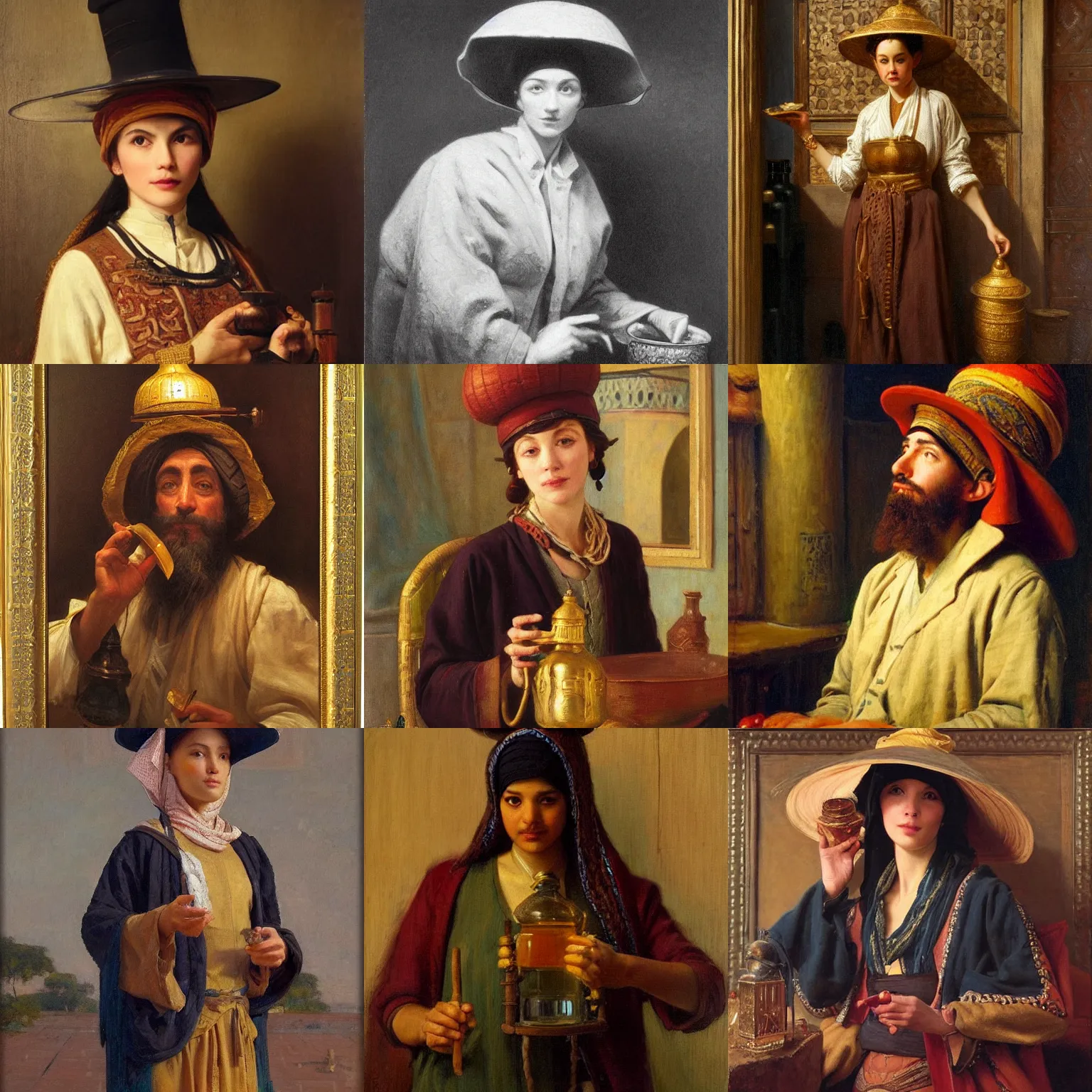 Prompt: orientalism portrait of a cute alchemist with a tall hat skin by Edwin Longsden Long and Theodore Ralli and Nasreddine Dinet and Adam Styka, masterful intricate artwork. Oil on canvas, excellent lighting, high detail 8k