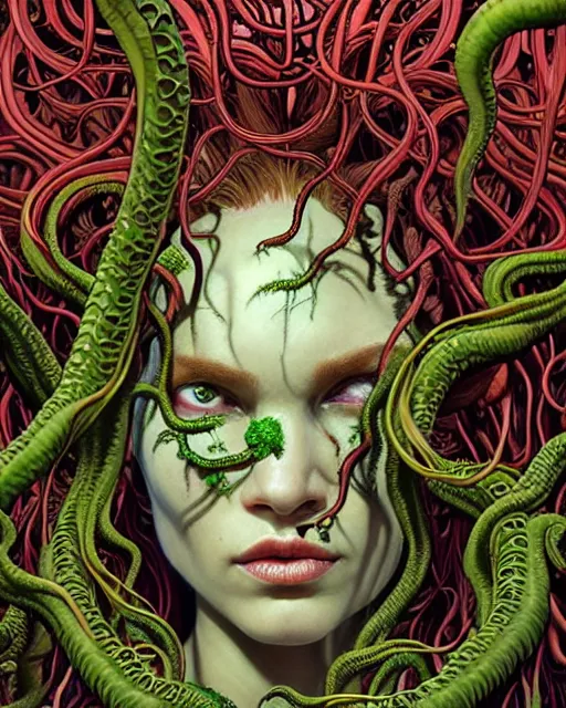 Image similar to closeup portrait the platonic ideal of flowers and roots of cletus kasady, venom, poison ivy, ultimate beautiful succubus medusa, cthulhu, intricate, hyperrealism, intense, dmt, artgerm, moebius, greg rutkowski, dan mumford, alphonse mucha