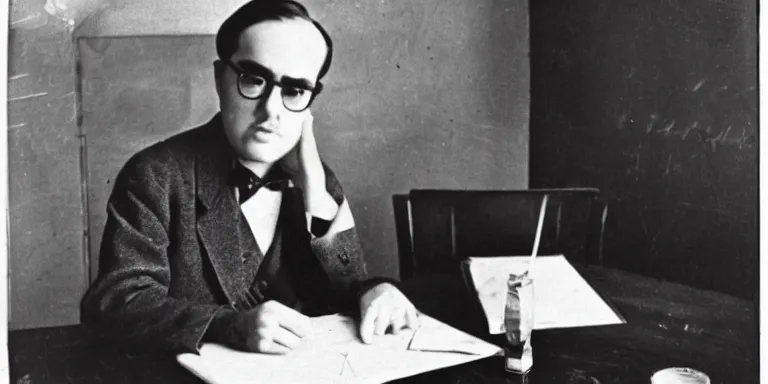 Prompt: an old black and white portrait photo of Fernando Pessoa at a table inside a cafe composing an astrological chart