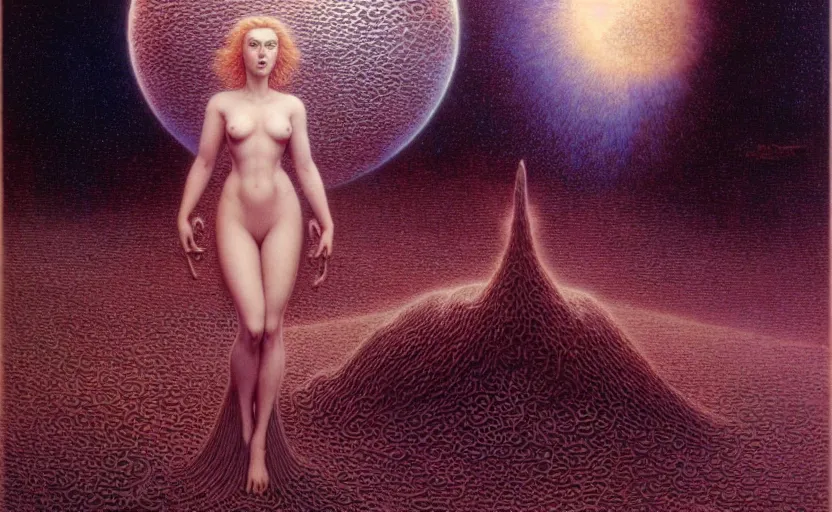 Image similar to cute scarlett johansson on a gigeresque planet by jean delville by luis royo and wayne barlowe, beksinski