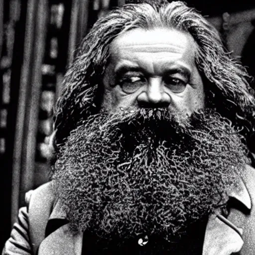 Prompt: karl marx as Hagrid, still from harry potter movie, 4k, cinematic