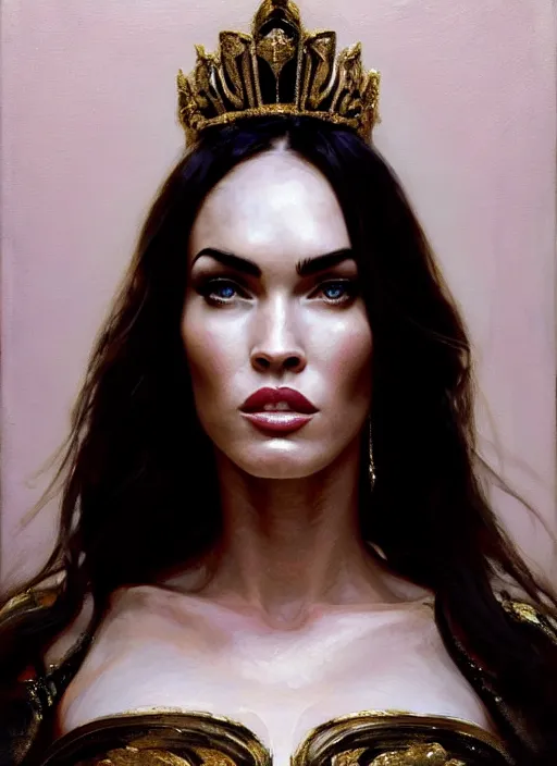 Image similar to megan fox dressed like a queen on a throne, calm, fantasy character portrait, dynamic pose, above view, artwork by jeremy lipkin and giuseppe dangelico pino very coherent asymmetrical artwork, sharp edges, perfect face, simple form, 1 0 0 mm