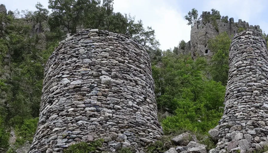 Image similar to stone tower made of individual stones on the mountain river