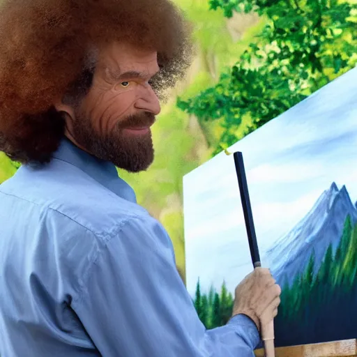 Image similar to a closeup photorealistic photograph of bob ross working on a canvas painting of spiderman. film still. brightly lit scene. mountains and trees. this 4 k hd image is trending on artstation, featured on behance, well - rendered, extra crisp, features intricate detail, epic composition and the style of unreal engine.