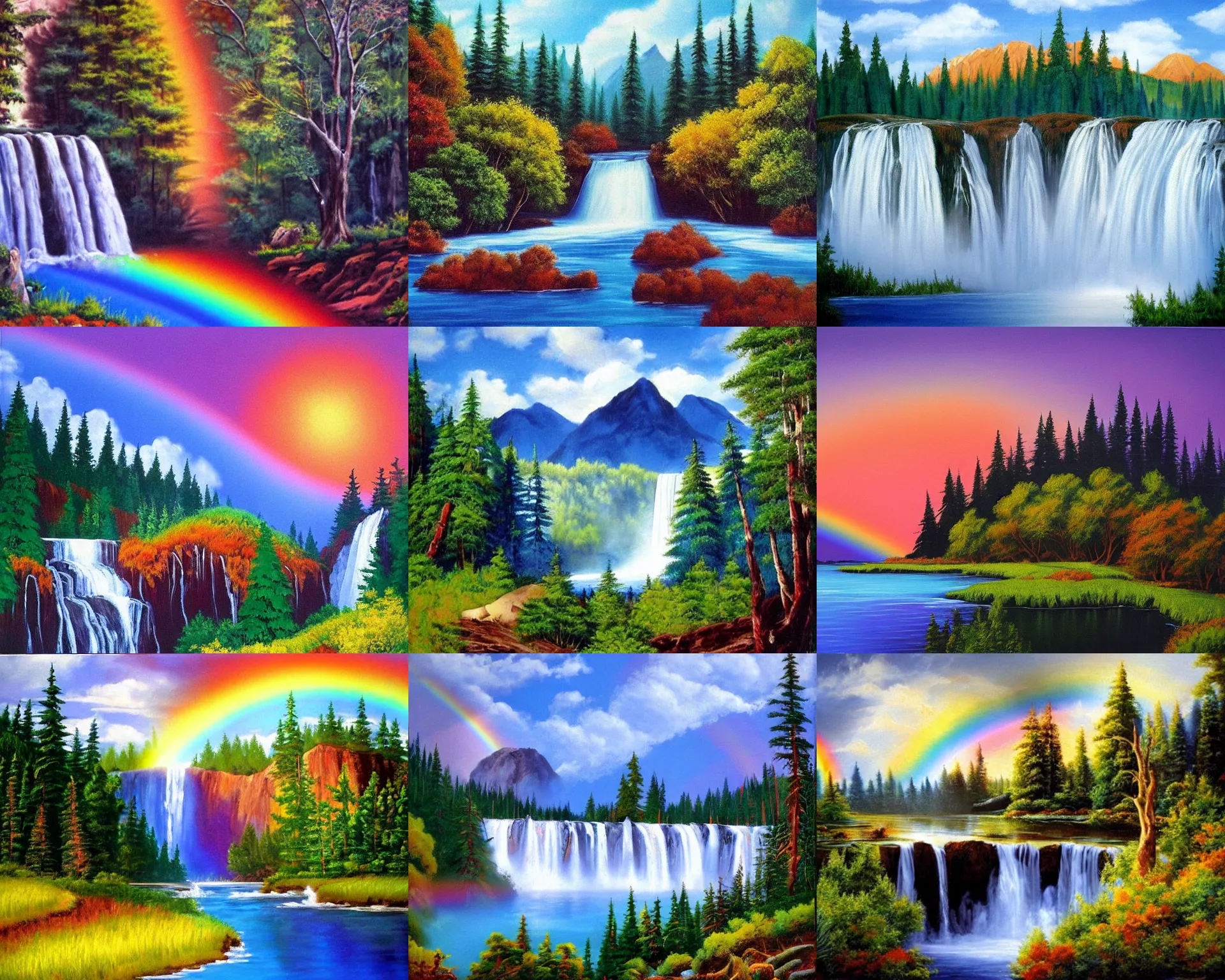 Prompt: waterfalls, wilderness, open sky, ( ( ( ( ( ( rainbow ) ) ) ) ) ), painting by bob ross