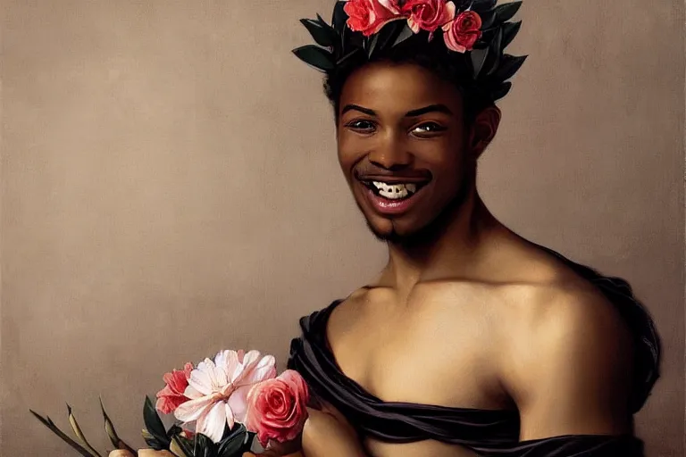 Image similar to young black male smiling with a crown of lilies and roses, digital renaissance painting by artgerm by caravaggio and face by wlop