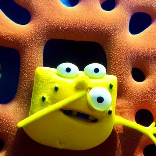 Image similar to High detailed shot of a Sponge that looks exactly like Spongebob found along a coral reef