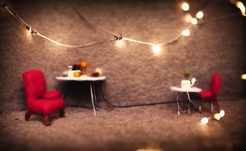 Image similar to mini cafe diorama macro photography, needle felted animals, ambient, atmospheric photograph, string lights, romantic