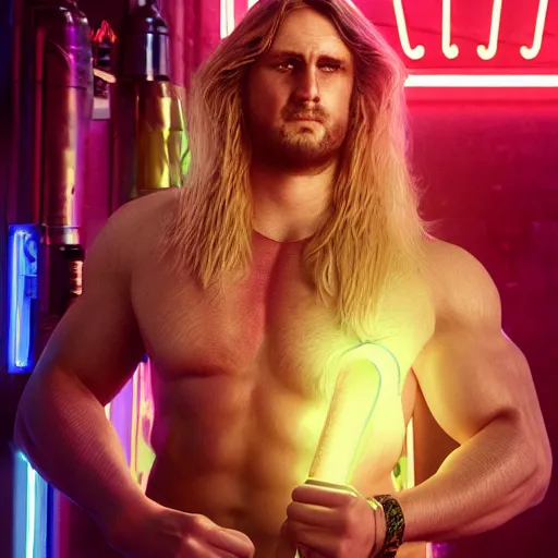 Prompt: portrait of shirtless barbarian man with long blond hair and aviator sunglasses standing in neon sci-fi bar intricate portrait by Tooth Wu and wlop and beeple and Dan Mumford. Octane render, trending on artstation, greg rutkowski very coherent symmetrical artwork. Cinematic, hyper realism, high detail 8k