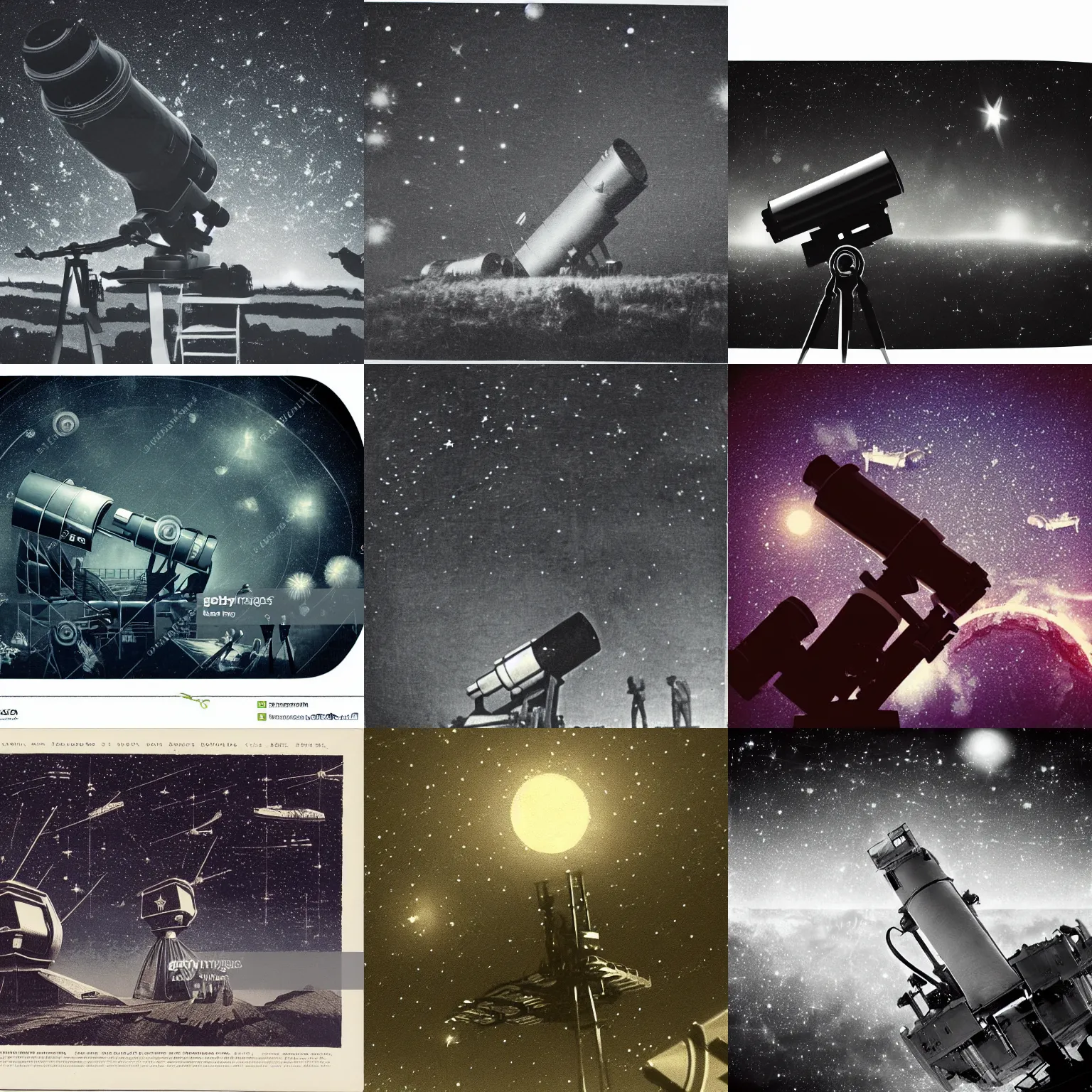 Prompt: telescope staring at night starry sky with flying ships in sci-fi space with very dark and disturbing atmosphere, old vintage photo
