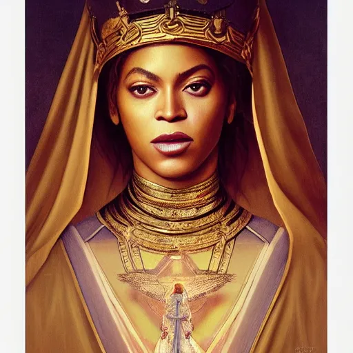 Prompt: Beyonce as the pope, headshot, painted renaissance character portrait, highly detailed, painting, artstation, sharp focus, art by artgerm and greg rutkowski and alphonse mucha and magali villeneuve tarot card queen of pentacles