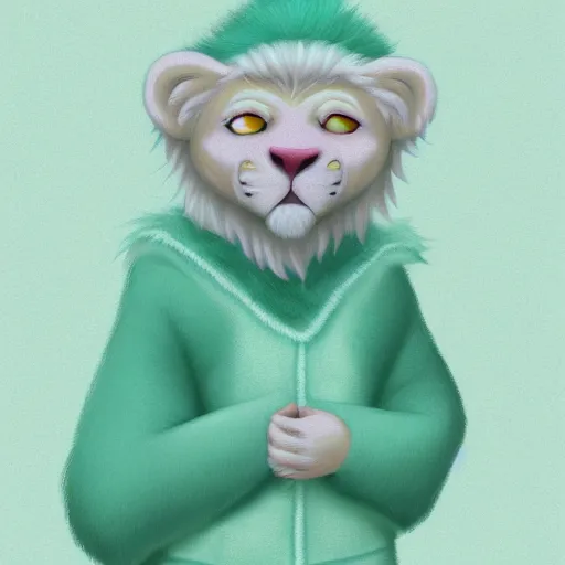 Prompt: aesthetic portrait commission of an albino male furry anthro lion wearing a cute mint colored, cozy, soft pastel winter outfit. winter atmosphere character design by dan volbert.