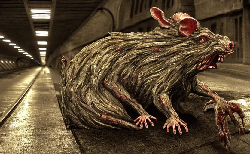 Image similar to very large giant mutant zombie rat with cancer in tonnel of moscow metro. extreme high detail. low dark light, scary atmosphere.