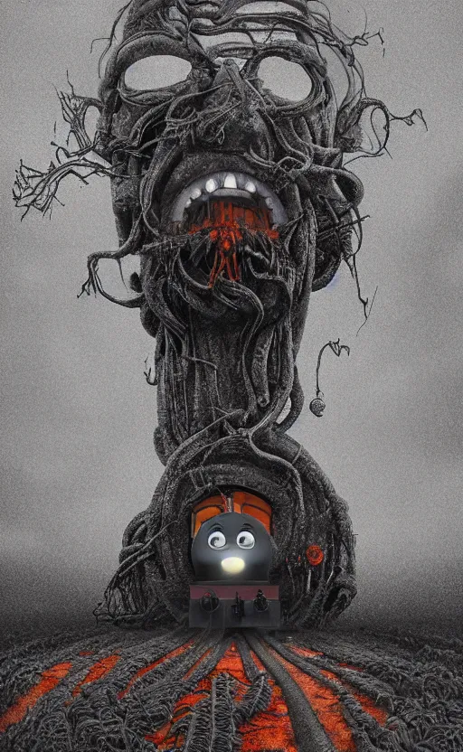 Image similar to thomas the tank engine in style of zdzisław beksinski, extremely dramatic lighting, 8 k, tendrils, black, darkness, black slime tendrils, infected, rust, body horror, thomas the train, thomas the tank engine face, horror,