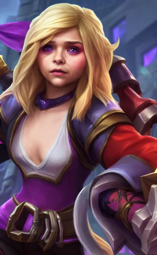 Prompt: Chloë Grace Moretz as a character in the game League of Legends, with a background based on the game League of Legends, detailed face, old 3d graphics