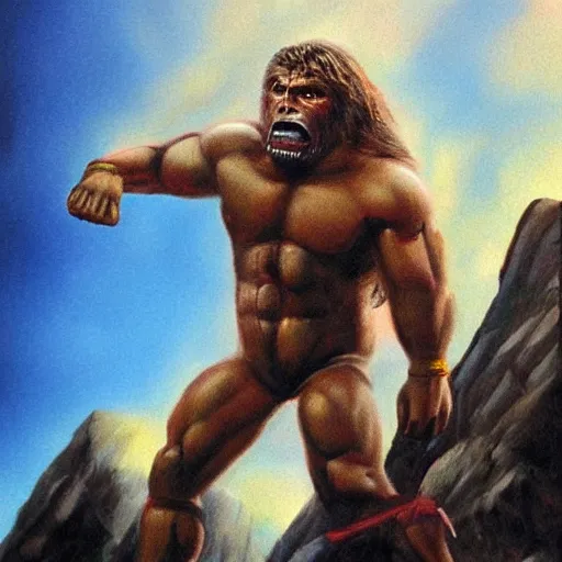Image similar to giant wwf ultimate warrior holding small woman in his hands climbing a tall building like king kong, highly detailed, oil painting
