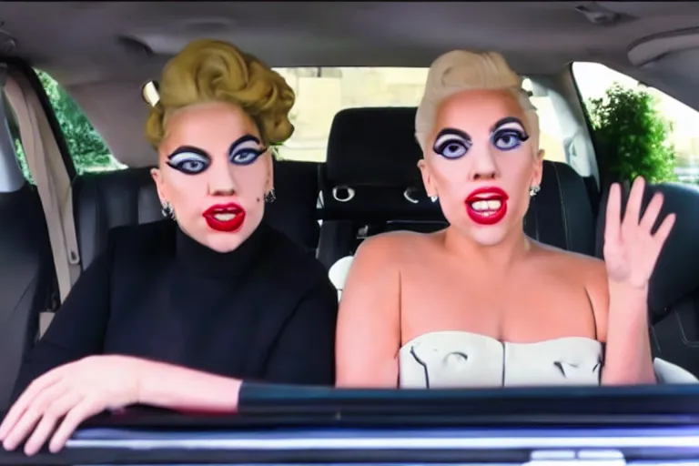 Prompt: carpool karaoke lady gaga and judy garland, highly realistic, highly detailed, high resolution, 8 k 4 k,