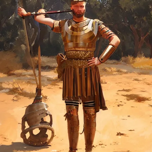 Prompt: detailed portrait of an historically accurate 5 0 ad roman legionary wearing full roman equipment standing in the middle of the australian outback, jodhpurs greg manchess, painting by sargent and leyendecker, asymmetrical intricate elegant illustration gwent, by greg rutkowski, by greg tocchini, by craig mullins