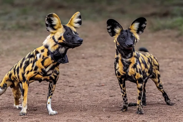 Image similar to A photo of the world's greatest showman: the african painted dog dressed in a hat!