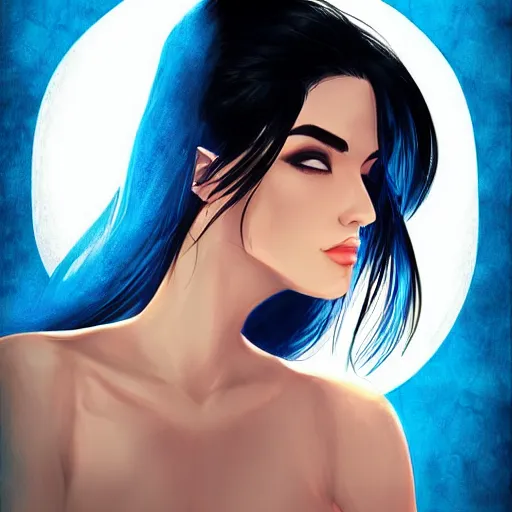 Prompt: a stunning upper body portrait of a beautiful woman with black hair with a blue tint blowing in the wind by marvel comics, digital art, trending on artstation