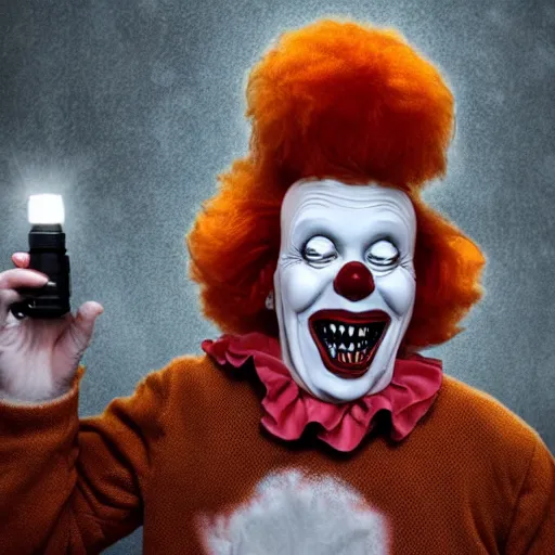 Prompt: ronald mcdonald as a dark scary horror creature with teeth in the woods with only one flashlight