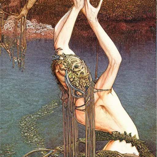 Prompt: A gorgon near a lake, elegant, highly detailed, digital painting, artstation, concept art, smooth, sharp focus, illustration by Carlos Schwabe