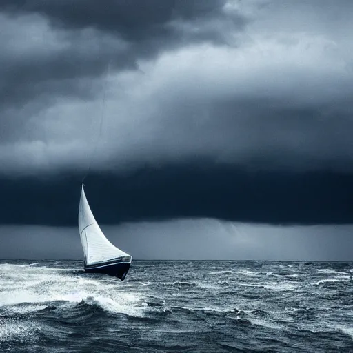 Prompt: a sailing boat in stormy weather