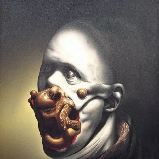 Image similar to oil painting with black background by christian rex van minnen rachel ruysch dali todd schorr of a chiaroscuro portrait of an extremely bizarre disturbing mutated man with acne intense chiaroscuro cast shadows obscuring features dramatic lighting perfect composition masterpiece