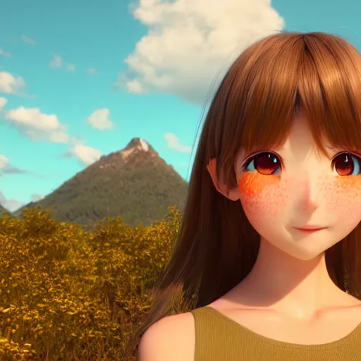 Image similar to Render of a very beautiful 3d anime girl, long hair, hazel eyes, cute freckles, full round face, short smile, cute sundress, golden hour, serene mountain setting, medium shot, mid-shot, highly detailed, trending on Artstation, Unreal Engine 4k