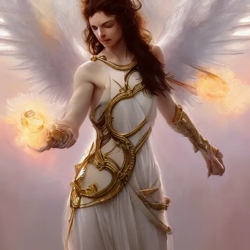 Image similar to angel warrior, beautiful, stunning, gold mist, radiating power, energy, god rays, luminescence, fractal, smooth white and soft by ruan jia, tom bagshaw, alphonse mucha, krenz cushart, vray render, artstation, deviantart, pinterest