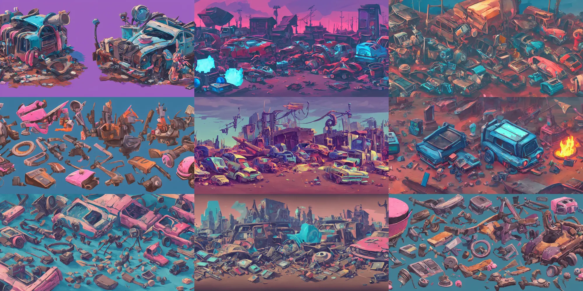 Prompt: game asset of junkyard for broken old tv, in gouache detailed paintings, props, stylized, 2 d sprites, kitbash, arcane, overwatch, blue and pink color scheme, 8 k, close up