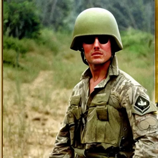 Image similar to Tom Cruise as a soldier in Vietnam, award winning historical photograph