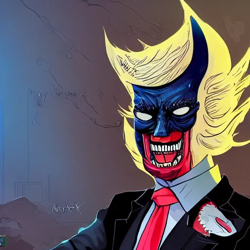 Prompt: donald trump rider symbiote, comic strip style, dynamic lighting, fantasy concept art, trending on art station, stunning visuals, creative, cinematic, portrait, ultra detailed