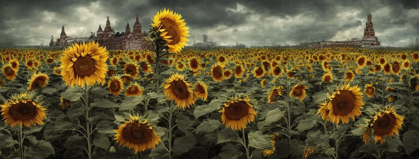 Prompt: old soldiers head being overgrown by sunflowers on Krim, Moscow in background, dark, eerie, despair, portrait photography, artstation, digital art, adward winning, concept art, artstation, highly detailed, sharp focus, by caravaggio