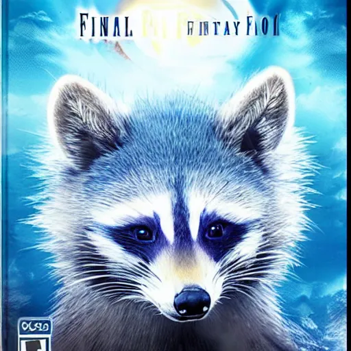 Prompt: final fantasy box art depicting an ethereal blue raccoon