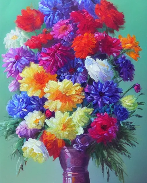 Image similar to oil on canvas illustration of the most beautiful bouquet of flowers, colorful, artstation, deviantart, pinterest, 5 0 0 pc