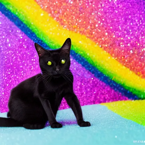 Prompt: a photo of a black cat with ( ( rainbow ) ) glitter, highly detailed, photorealistic, f 2. 8, in - frame, sharpened