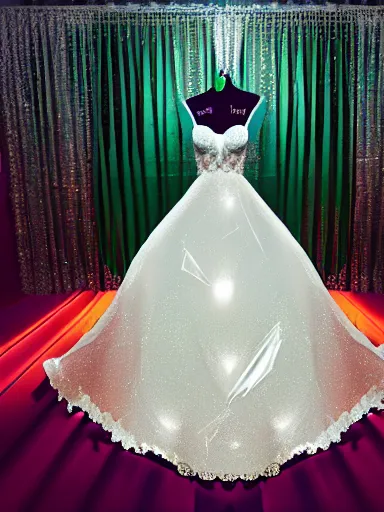 Image similar to a bride dress made of diamonds, emeralds and rubies, studio photograph, vivid lighting, retrowave style, photorealist, 4 k