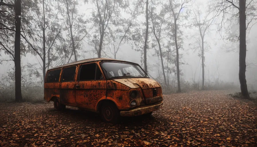 Prompt: a Old rusty van left in a foggy scary forest with leaves falling out of trees, 4k photography award winning,