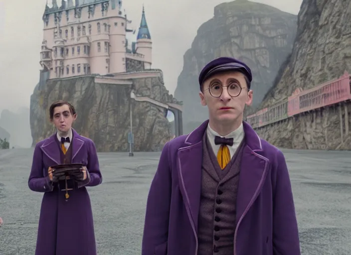 Image similar to a film still of cosplay of harry potter in the grand budapest hotel ( 2 0 1 4 ), 4 k