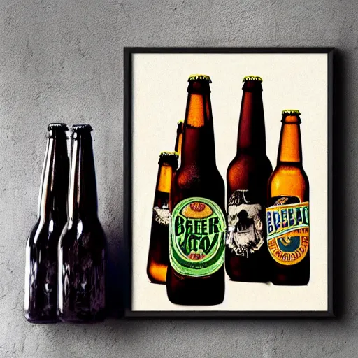 Prompt: beer bottle album art, cover art, still life, poster, the beatles