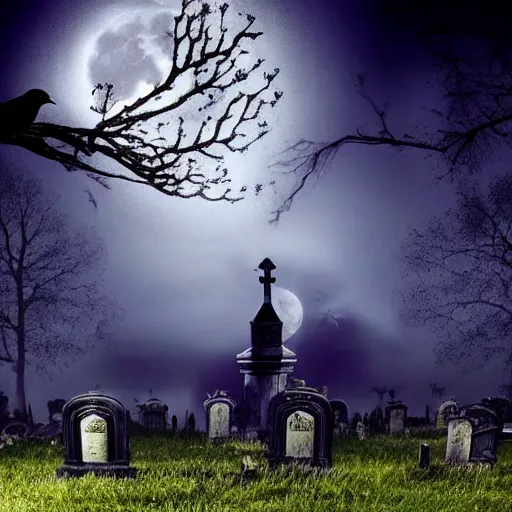 Image similar to lit chandeliers falling in a graveyard, moonlight sky, haunting, ravens, ghostly vibe