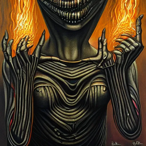 Image similar to a woman dancing with fire by h.r. giger, alex gray and jeffrey smith and h.r. giger, oil on canvas, 8k highly professionally detailed, trending on artstation